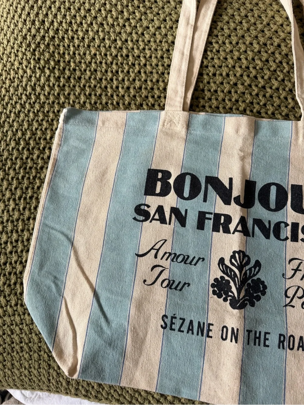 Sezane Light Blue and Cream Striped Bonjour San Francisco Canvas Tote